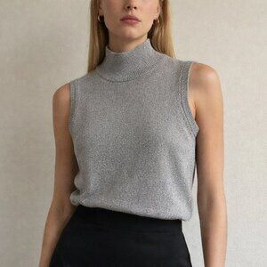 Vintage 90s Sparkling Knit Sleeveless Turtleneck Sweater Grey Metallic Glitter